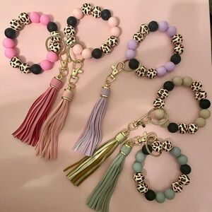 Leopard Print Beaded Keychain Bracelets with Tassels